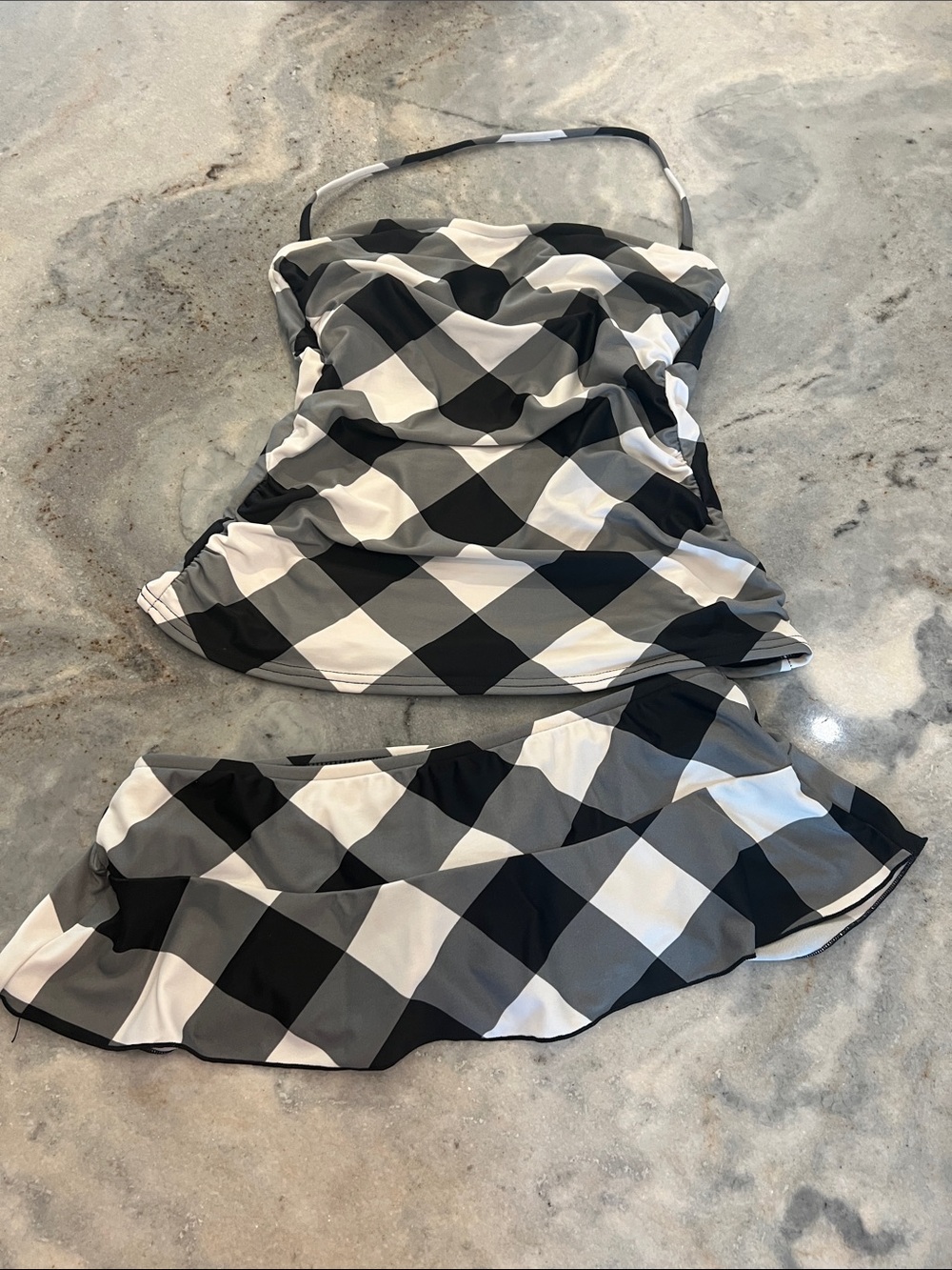 Xhilaration Black White Gray Check Tankini with Skirted Bottom